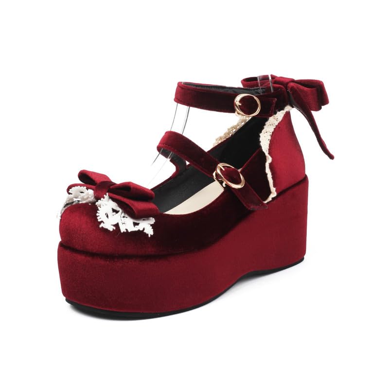 Elbslutt Womens Goth Mary Jane Shoes Platform Kawaii Cosplay Girls Lolita Shoes Round Toe Buckle Strap Chunky Wedge Heel Bow Lace Y2k Ankle Strap Dress Pumps Shoes Oxfords