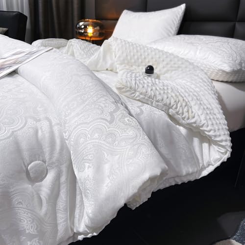 tohrisa Jacquard Comforter Set - Luxury Warm Paisley Floral Pattern Queen Size Bedding with 2 Pillowcases All-Season Soft & Lightweight 3D Bubble Design Bed Set (90x90 Inches White)