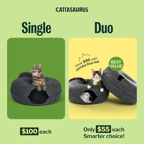 Image of Cattasaurus Peekaboo Cat Cave Duo Jumbo Set, Extra Spacious Cat Donut for Multiple & Large Kitty 15+ lbs, Scratch Detachable Cat Beds for Indoor Cats, Washable Cat Tunnel Bed, Best Kitten Toys
