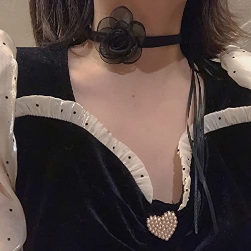 Gigb Pbdk Flower Choker Necklace For Women Girls,Lace Camellia Flower Choker Necklaces Black Rose Choker Necklace Simple Personality Bride Wedding Party Summer Necklaces (Black) #TOP1