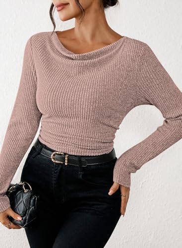 Pink Queen 2025 Fall Cowl Neck Tops for Women Long Sleeve Ruched Slim Fit Ribbed Trendy Shirts4