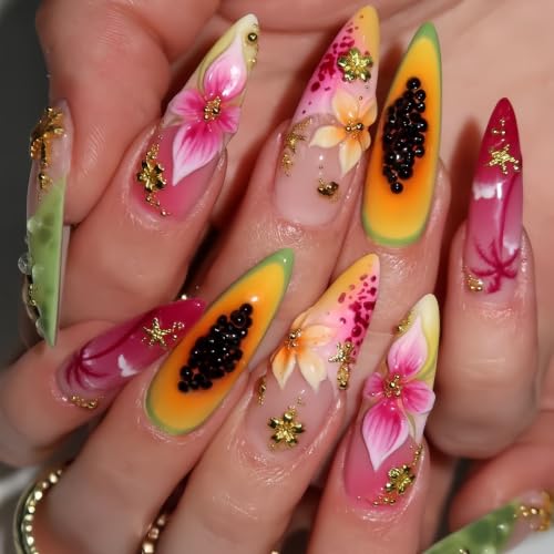 24Pcs Summer Fruit Press on Nails Long Stiletto Fake Nails 3D Flower with Tropical Papaya Design French Tip False Nails Cute Palm Tree Gold Starfish Glue on Nails Reusable Artificial Nails for Women