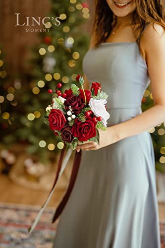 Ling's Moment Christmas Red 7 Inch Artificial Flowers Wedding Bouquet For Bridesmaids,Set Of 4, Bouquets For Bride,Wedding Arch Flowers,Bridal Shower,Centerpiece #TOP2