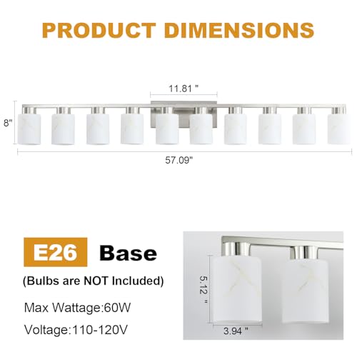 Image of 10-Light Bathroom Light Fixtures, Modern Vanity Lights, Brushed Nickel Metal Wall Lamp with White Marble Glass for Bathroom, Mirror, Living Room, Bedroom, Cabinet, Porch, Hallway, E26 Base