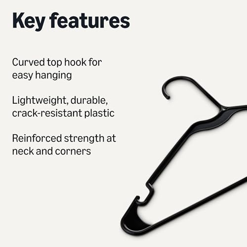 Amazon Basics Black Plastic Clothes Hangers, Adult Size, Pack of 50
