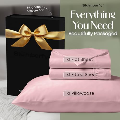 Image of Slumberfy 3-Piece 400 TC Viscose Derived from Bamboo Sheets, Twin XL Size - 1 Fitted, 1 Flat, 1 Pillow Case - Deep Pocket Cooling Viscose-Bamboo Bed Sheets in Magnetic Closure Gift Box, Light Pink
