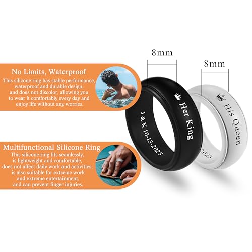 INBLUE Personalized Matching Silicone Rings for Couples His and Hers Wedding Ring Sets Custom Engraved Text/Symbol Wedding Band Promise Rings Gift for Husband Wife (Rings Set, Style A) - Thumbnail 5