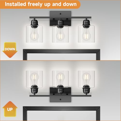 Image of Modern 3 Light Bathroom Light Fixtures, 19 inch Black Vanity Lights For Bathroom With Clear Glass, Bathroom Lighting Fixtures Over Mirror For Mirror Kitchen Living Room Hallway Cabinet Porch