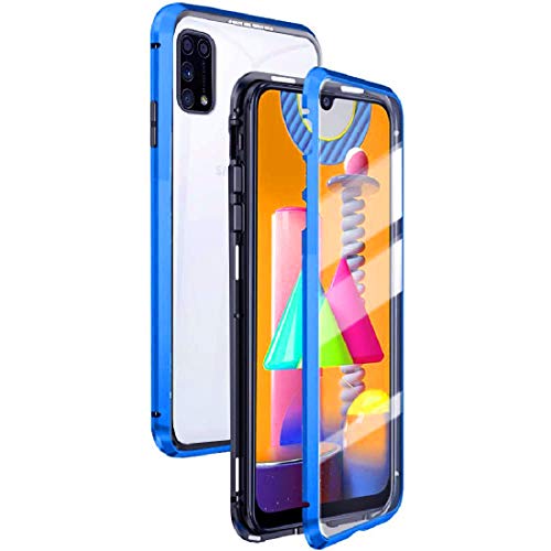 Image of shokproof Magnetic Metal Frame Bumper Glass Back Case Cover for Samsung Galaxy M31 - Blue