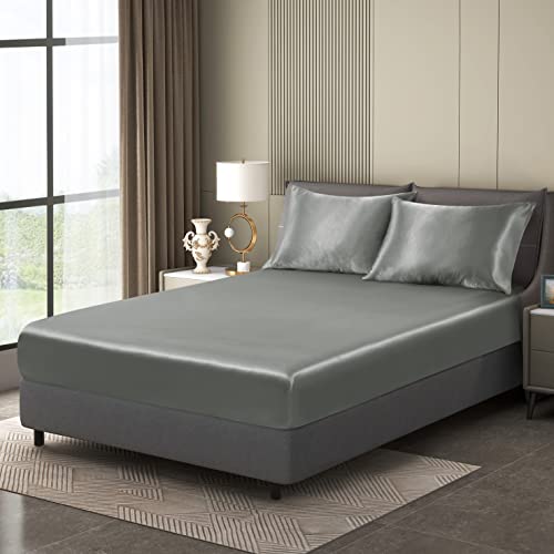 Counfeisly King Size Satin Fitted Sheet, Silky And Breathable Luxury Deep Pockets Fitted Sheet Only, Dark Grey #TOP6