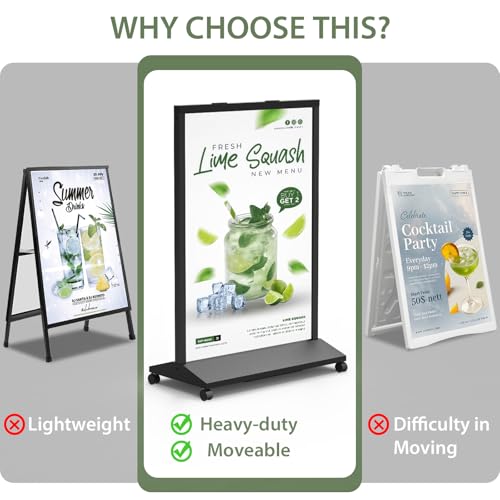 PUJIANG Poster Stand 24x36 Sidewalk Sign with Wheels – Heavy Duty Double-sided Sign Holder Stand for Storefront, Restaurants, Events, Yard, Poster Board Frame for Indoor & Outdoor Use (Frame ONLY)