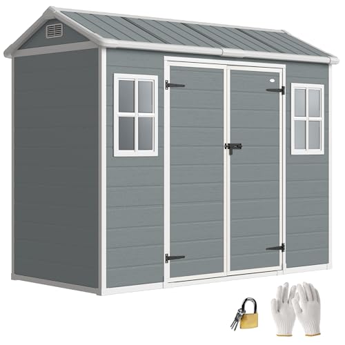 Outsunny 8 x 4 ft Resin Garden Shed, Wood-Effect Outdoor Storage Shed with Floor, Double Windows, Lockable Doors and Vents, for Tools, Bike, Generator, Light Grey