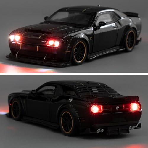 WAKAKAC Toy Cars 1:32 Compatible for Dodge Challenger SRT Hellcat Model Cars, Pull Back Die-cast Vehicles, Collectible Cars with Sounds＆Lights for Kids Boys Girls and Adults, Gift Black