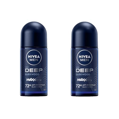 NIVEA MEN DEEP Anti-Perspirant Roll-On 50ml, 72H Protection with Black Carbon & MAXXTECH, Darkwood Scent, Bacteria-Fighting Formula, No Black Residue, Long-Lasting Freshness for Men, Pack of 2