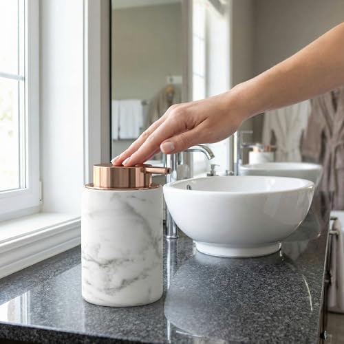 Badezimmer Set 4 TLG Marmor – Badaccessoires Set mit Seifenspender, Zahnputzbecher & Zahnbürstenhalter – Badezimmer Zubehör Organizer modern weiß Copper – Bad Deko bonVIVO