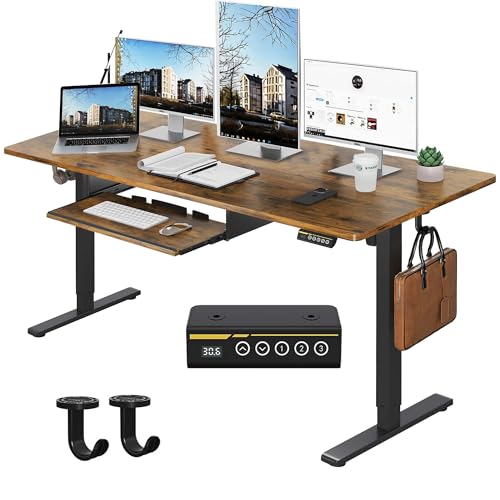 Gamork 55 x 24 Inch Electric Standing Desk with Keyboard Tray, Brown