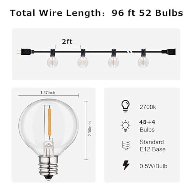 HISTAR 96 ft Outdoor String Lights 52 Led Waterproof G40 Bulbs, Patio Lights for Decorating Yard, Porch, Deck, Fence, Balcony, Backyard