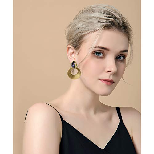 Women's Vintage Statement Earrings - Boho Abalone Shell Geometric Matte Gold Hammered Metal Disc Hoop Circle Simple Drop Dangle Earring Bohemian Fashion Costume Jewelry For Girl Party Prom #TOP1