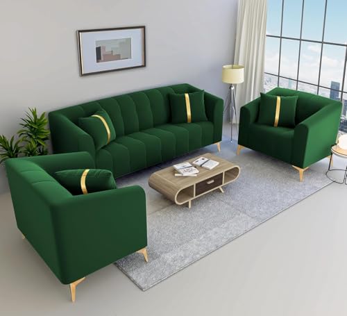 Image of Shie Wood Art Modern Classic Chesterfield Sofa for Living Room Bedroom Reception and Office (3+1+1 Seater, Green)