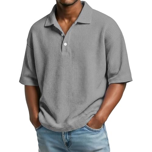 Polo para hombre de tejido de waffle, transpirable, corte suelto, manga corta, estilo casual con cuello de botones