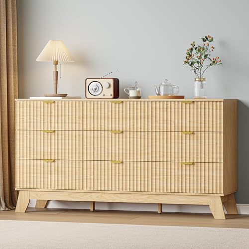 Image of Oak Dresser 9 Drawer Dresser for Bedroom, 57''Wide Fluted Wooden Dresser Storage Cabinet and Chest of Drawers with Metal Handle, Storage Organizer for Living Room, Hallway, Entryway