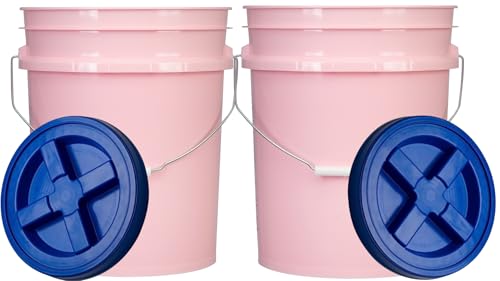 House Naturals Food Grade 5 Gallon Made in USA Plastic Bucket with Air Tight Screw on Lid (Pack of 2) (Pink with Blue Lids)