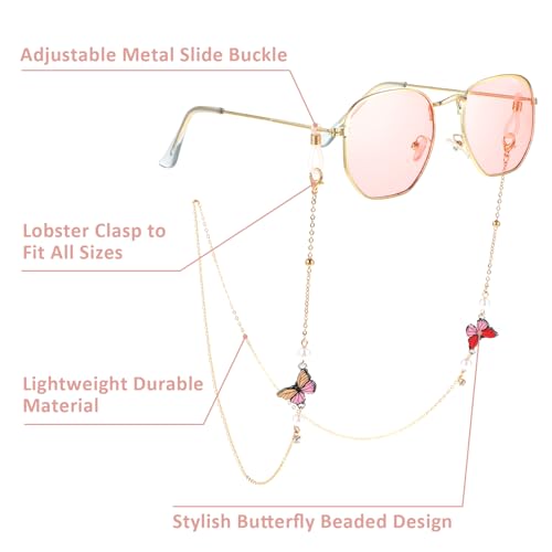 Amabro Eyeglasses Chain for Women, 2 PCS Butterfly Beaded Glasses Straps Mask Lanyard Necklace Eyewear Retainer Chain