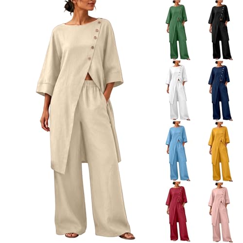 LVOFTJU Linen Two Piece Sets Women Summer,2 Piece Linen Set for Women 2026 Summer 3/4 Sleeve Button down Shirt Matching Wide Leg Pants Sets Casual Boho Beach Travel Gauze Outfits,Khaki,5XL