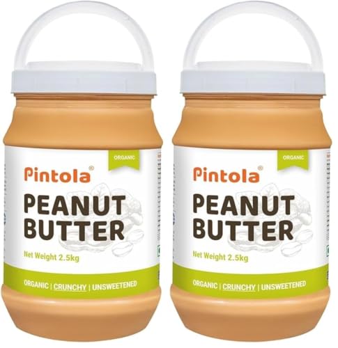 Image of Pintola Organic Unsweetened Peanut Butter Crunchy 2.5kg - High Protein 30g & 9g Dietary Fiber, Made with Organic Peanuts, No Added Sugar, No Preservatives (Pack of 2)