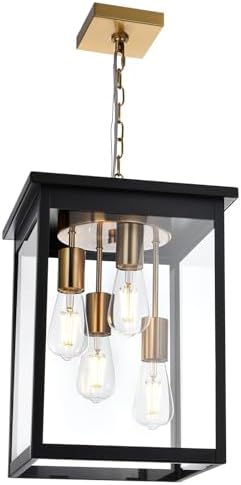 TODOLUZ Outdoor Pendant Light Fixtures, 4-Lights Large Outdoor Ceiling Hanging Lanterns in Black & Brushed Brass, Farmhouse Exterior Chandelier for Front Door Entry Patio
