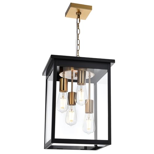 TODOLUZ Outdoor Pendant Light Fixtures, 4-Lights Large Outdoor Ceiling Hanging Lanterns in Black & Brushed Brass, Farmhouse Exterior Chandelier for Front Door Entry Patio