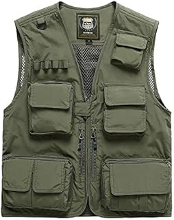 Mens Multiple Outdoor Work Safari Travel Fishing Photo Vest with Pockets Zip Green