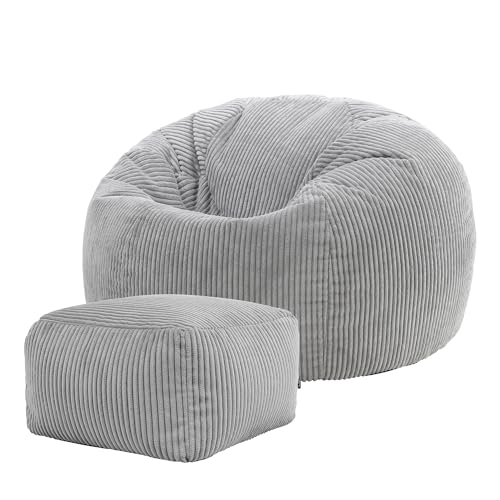 Icon Kingston Sitzsack mit Hocker Cord, Grau, Sitzsack Erwachsene mit Füllung, Bean Bag, Cord Sessel, Lounge Sessel, Lounge Stuhl, Schlafzimmer, Wohnzimmer, Wohnzimmer Möbel