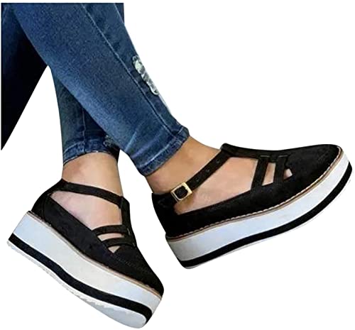 Sandales compensées en cuir pour femme avec bout fermé et bride cheville Vintage
