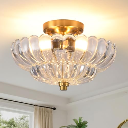 Image of Semi Flush Mount Ceiling Light, 11.8 Inch Gold Vintage Hallway Light Fixture with Transparent Glass, Close to Ceiling Light for Bedroom Kitchen Living Room Bathroom Foyer, E26 Base