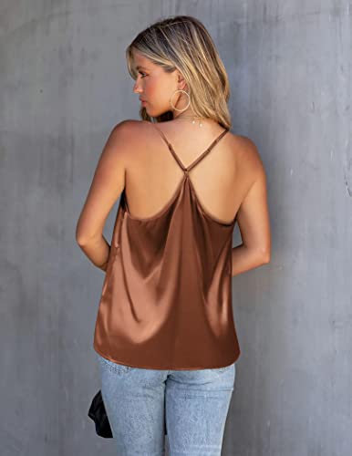 Ekouaer Satin Mesh V Neck Tank Top Women Cami Top Silk Camisole Blouse #TOP3