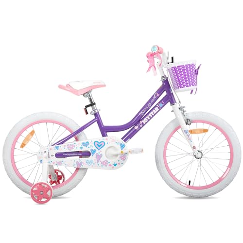 JOYSTAR 18 Zoll Kinderfahrrad für 5 6 7 Jahre alte Mädchen, 18 Zoll Mädchenfahrrad mit Stützrädern und Korb, Violett