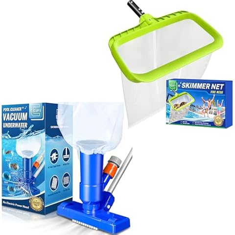 Portable Pool Vacuum for Above Ground Pool, Jet Underwater Cleaner with 3 Scrub Brush and Swimming Pool Skimmer Net, Heavy Duty Pool Leaf Rake with Deep Fine Nylon Mesh Cover