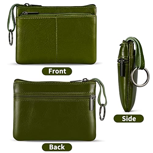 Lidwot Genuine Leather Coin Purse Wallet Mini Zip Change Purse Wallet Coin Pouch With Key Chain 3 Zippers,Army Green #TOP1