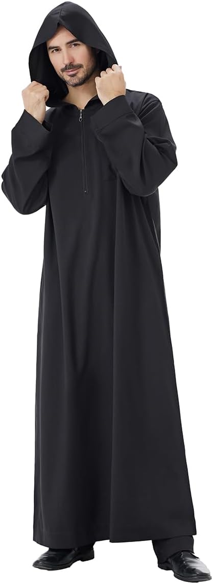 Men's Muslim Middle Eastern Men Long Sleeves Hooded Pure Color Zipper Robe Jubba Thobe (Black, XX-Large)