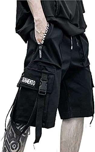 HONIEE Mens Techwear Cargo Shorts Hiphop Streetwear Shorts with Elastic Waist (Black-PA, L)