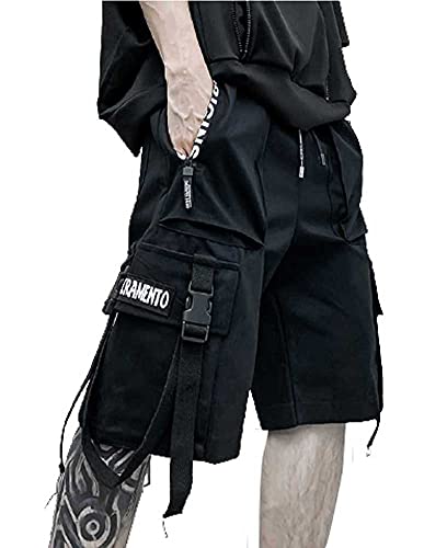 Honiee Mens Techwear Cargo Shorts Hiphop Streetwear Shorts With Elastic Waist (Black-Pa, L) #TOP1