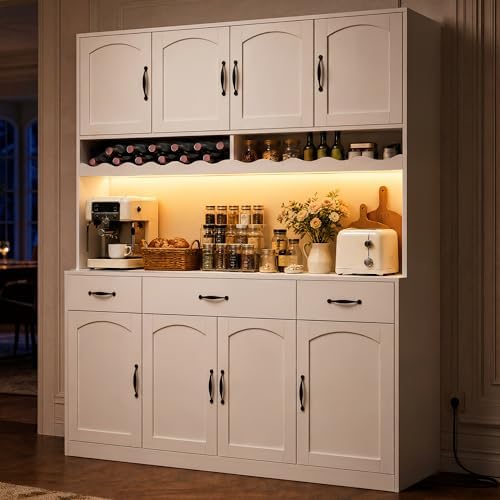 White 72" Tall Kitchen Pantry Cabinet with Charging Station 55" Wide Hutch with LED Light and Countertop