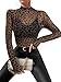 Remidoo Women's Mesh Sheer Top Long Sleeve Mock Neck Shirt Leopard Graphic Tees Fitted Blouse Brown Large