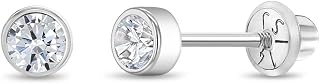 14k White Gold Little Girls 3mm Bezel Set Round Simulated Birthstone Screw Backs, Elegant Stud Earrings for Babies and Toddlers- Safety Screw Back Locking for Children, Cute Bezel Studs for Girls