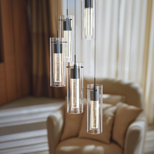 Tawson Alice 5-Light Chandelier Pendant Ceiling Light, Integrated Led and Bubble Glass, for Kitchen Island, Hallway, Entryway, Passway, Dining Room, Bedroom, Balcony Living Room (Black) by Tawson - Used condition - Image 2