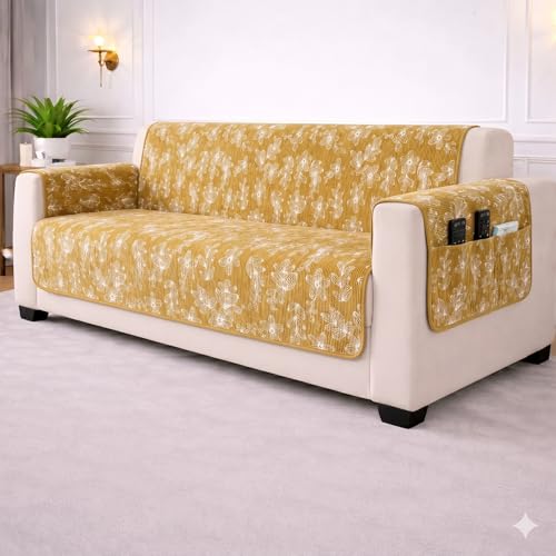 Image of STITCHNEST 'Opulence Series' Floral Woven Sofa Cover for 3 Seater | Premium Soft Fabric Sofa Protector | Yellow Floral Pattern with Armrest Pockets | Durable Living Room Furniture Cover