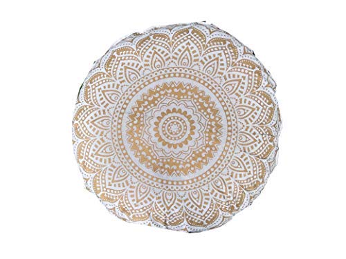 32\" Gold Mandala Barmeri Large Floor Pillow Cover Cushion Meditation Seating Ottoman Throw Cover Hippie Decorative Zipped Bohemian Pouf Ottoman Poufs, Pom Pom Pillow Cases (White Gold, 32\" Round)