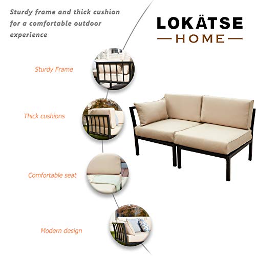 Lokatse Home 2 Piece Corner & Armless Sofa Outdoor Furniture Sectional Couch Set Patio Loveseat, 2Pcs, Khaki Cushions #TOP1