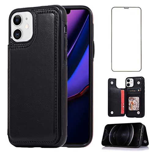 Coque iPhone 11 noire en cuir pour homme avec fentes pour cartes et support vidéo